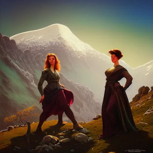 Prompt: of Willow team in Armenia hiking at a weekend and posing with mountains on the background, dark fantasy, medium shot, intricate, ornate, elegant, highly detailed, digital painting, volumetric light, artstation, concept art, smooth, sharp focus, illustration, art by Gil elvgren and charlie bowater and greg rutkowski and alphonse mucha