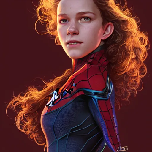 Image similar to Tom Holland as female Spider-Man, western, D&D, fantasy, intricate, elegant, highly detailed, digital painting, artstation, concept art, matte, sharp focus, illustration, art by Artgerm and Greg Rutkowski and Alphonse Mucha