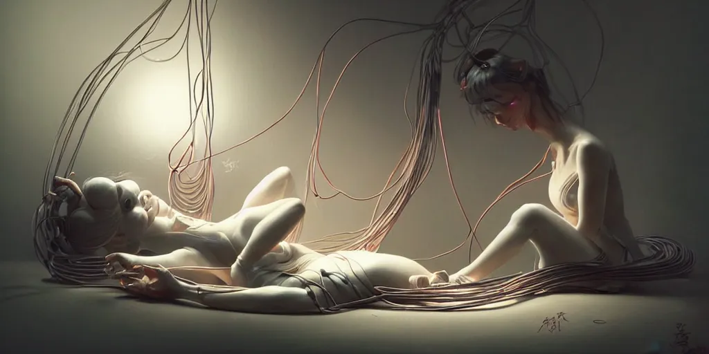 Prompt: hyperrealistic photography of a gorgeous fragile android assisting a broken birthing machine with thick dark cables in the style of Jin Kagetsu, James Jean and wlop, highly detailed, masterpiece, award-winning, sharp focus, intricate concept art, ambient lighting, 8k, artstation