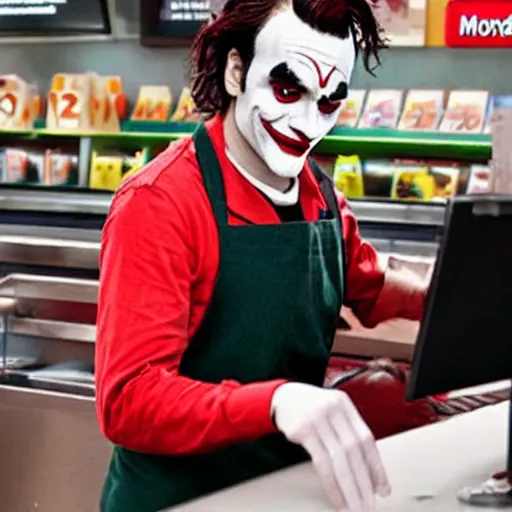 Prompt: joaquin phoenix joker working as a cashier at mcdonalds