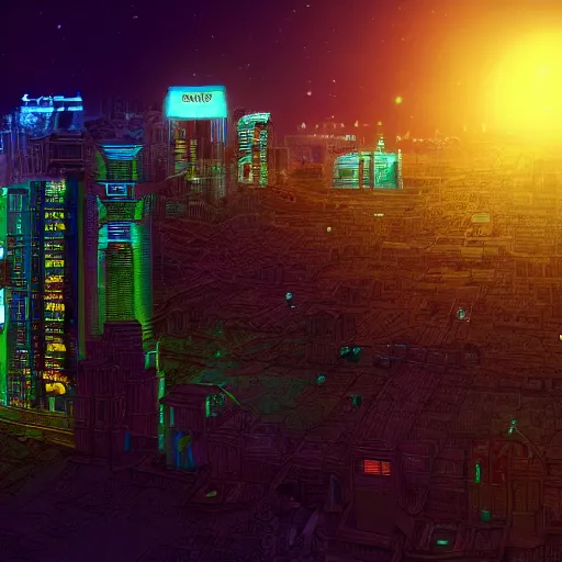 Prompt: night shot of a cyberpunk mayan mayan city