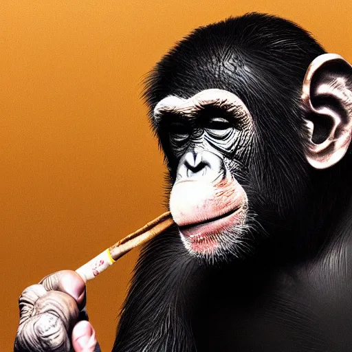 Image similar to a high detail photo of donald trump smoking a cigarrette, subject= chimp, subject detail: extremly detailed, subject action: smoking a cigar, photorealism, dramatic lighting, award winning photograph, trending on artstation