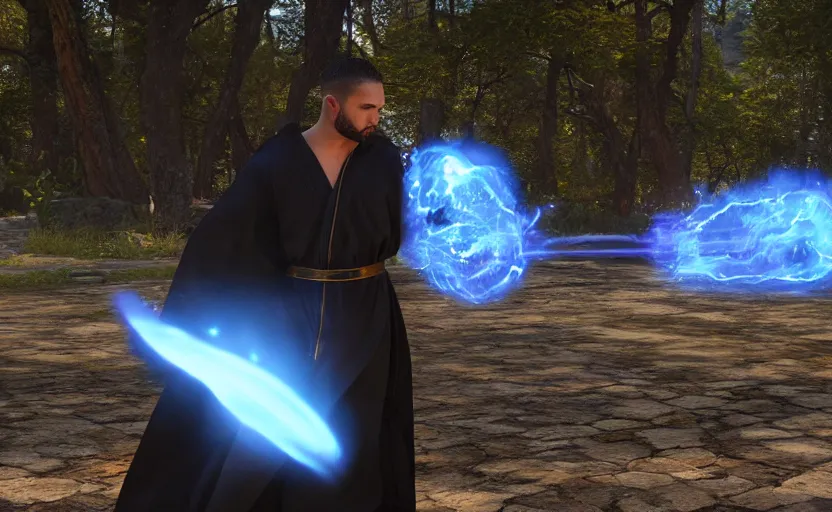 Image similar to male mage, black robe, blue fire circle in the background, war, unreal engine, ray tracing, 8k, realistic, universe