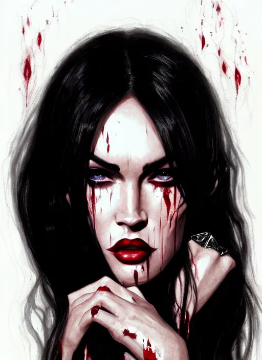 Prompt: portrait of megan fox as a evil vampire queen, bloody tears, jewelry, greek, dark, intricate, headshot, key visual, conceptart, ambient lighting, highly detailed, digital painting, artstation, concept art, sharp focus, by makoto shinkai and akihiko yoshida and greg manchess