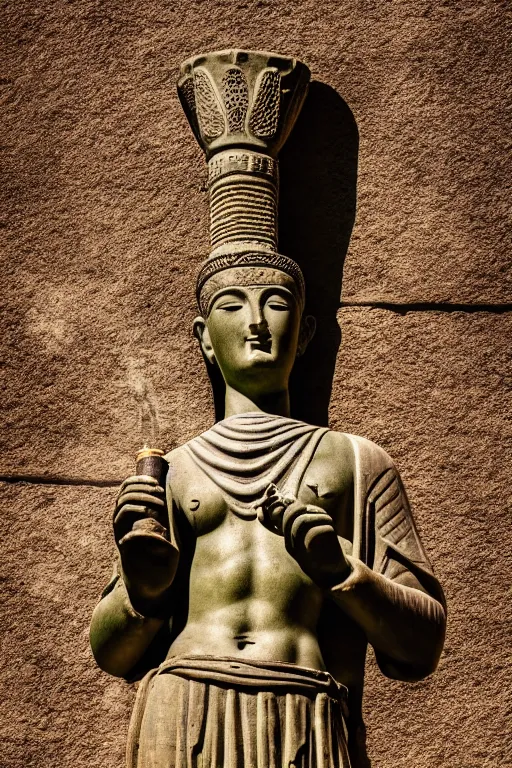 Image similar to photo of the ancient statue smoking an ancient hookah, symmetrical, cinematic, real dlsr photography, sharp focus, 4 k, ultra hd, sense of awe, archeology journal cover