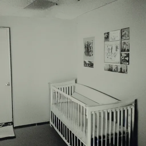 Image similar to creepy nursery liminal space, dark photograph