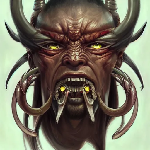 Image similar to portrait, cyberpunk japanese oni demon with horns, stern expression, long hair, highly detailed, digital painting, artstation, concept art, smooth, sharp focus, illustration, artgerm, tomasz alen kopera, peter mohrbacher, donato giancola, joseph christian leyendecker, wlop, frank frazetta