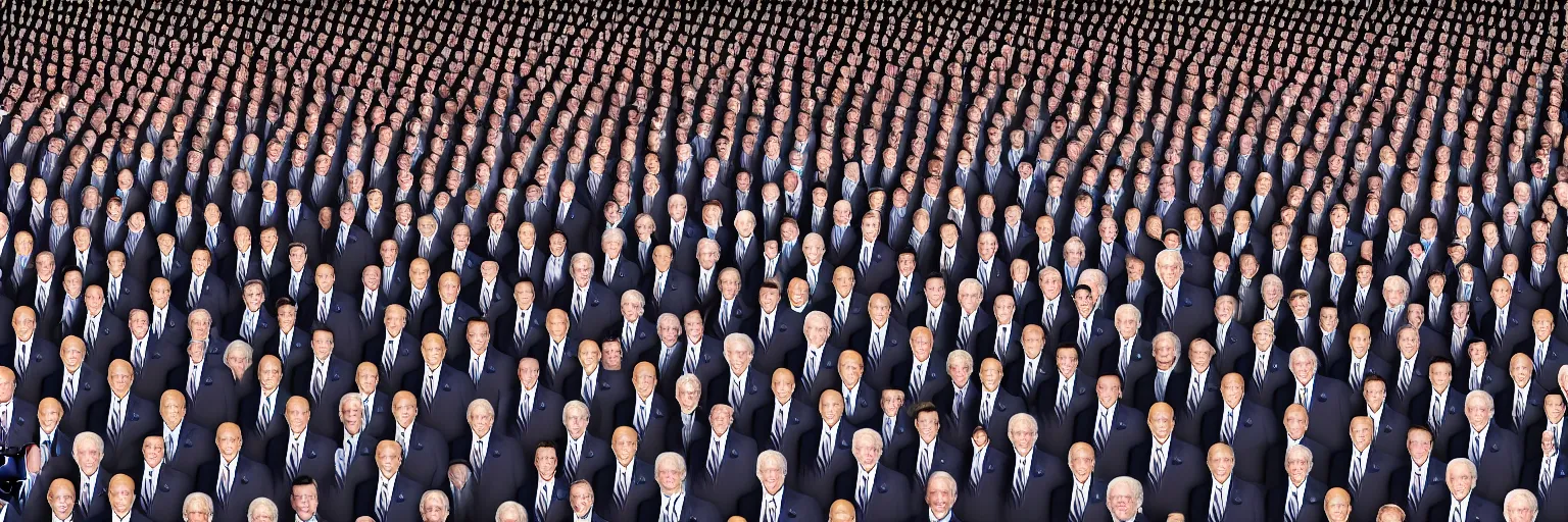 Image similar to photograph of hundreds of clones of joe biden shaking hands and tripping over each other