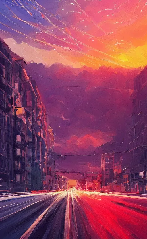 Prompt: a beautiful illustration of sofia bulgaria at sunset, art of alena aenami, featured on artstation, vertical orientation, paint brush strokes, expressionism, brushstroke - laden, breathtaking clouds, traffic lights, wet concrete, beauttiful stars, cables, long exposure, gigantic sun, airy theme, red purple gradient, lens flare