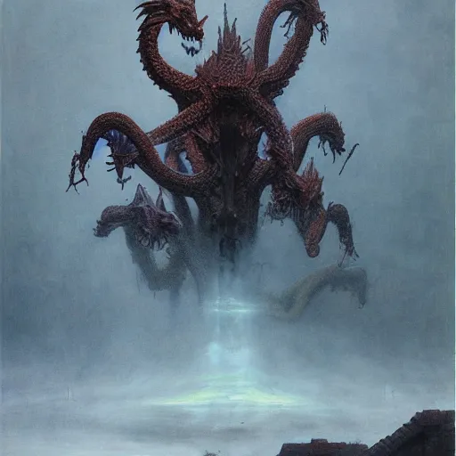 Prompt: concept art of a hydra, dragon with many heads, a painting by beksinski, by ruan jia, by austin osman spare, symbolist painting, mist, volumetric render, digital painting, detailed painting, occult