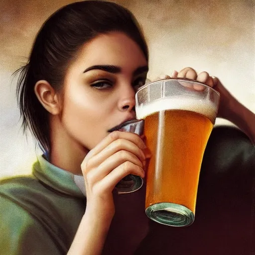 Image similar to 4k,ultra detailed portrait of Madison Beer drinking beer at the parking lot by Rachel Ruysch