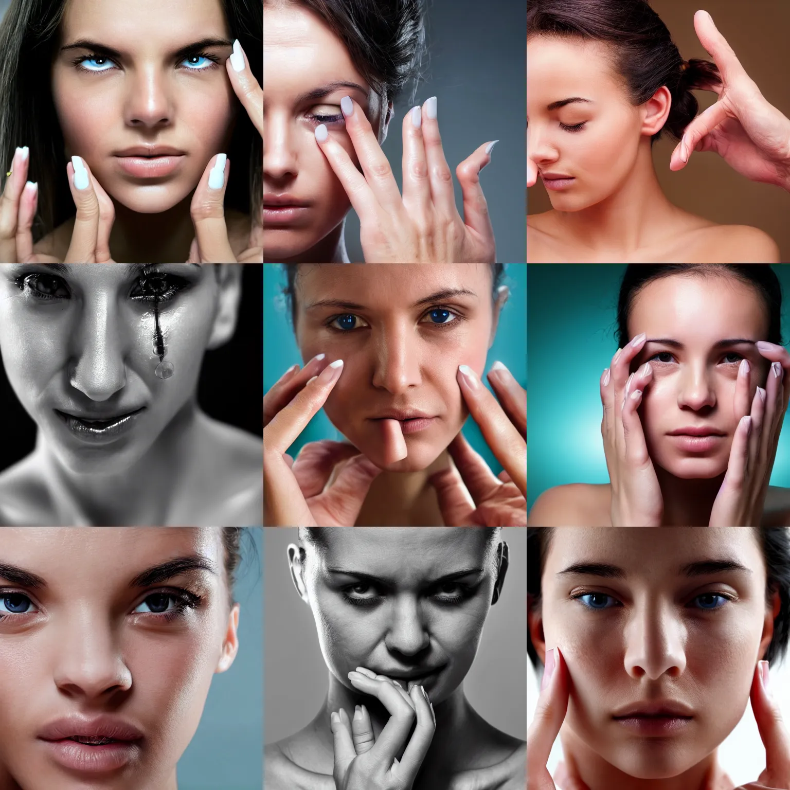 Prompt: beautiful extreme closeup frontpage photo of frontiers in medical hand science magazine portrait of person with hands on forehead, highly detailed, focus on nails, soft lighting