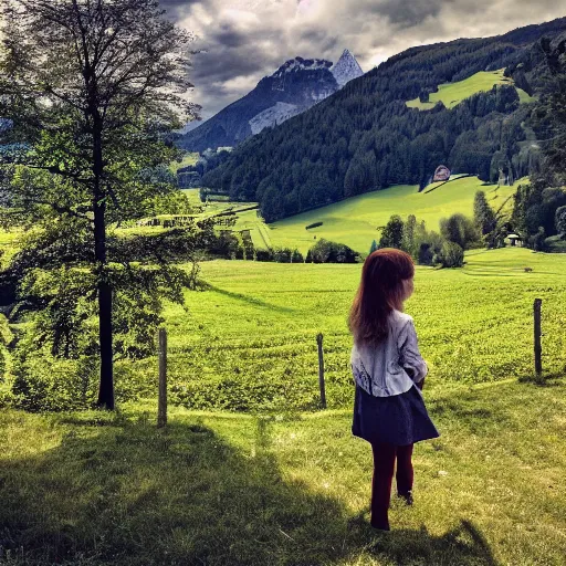 Image similar to a beautiful photograph of a girl with switzerland landscape in the background with trees, hdr, 8 k, high quality, sharp focus, artstation, highly detailed, award - winning, dramatic lighting, beautiful clouds, and nature