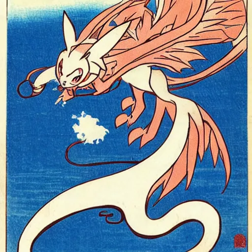 Image similar to a pokemon that looks like a beautiful cat with dragon wings, illustration by hokusai