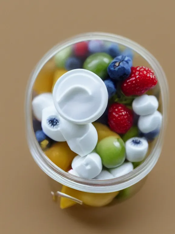 Prompt: 3 5 mm detailed miniature diorama of plastic jar of yogurt filled with fruits