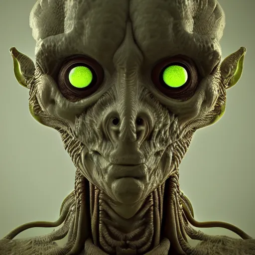 Image similar to a fractal alien humanoid with a thousand eyeballs, octane render, 4 k, 3 d, ultra realistic