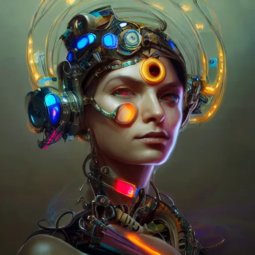 Prompt: portrait, biomechanical wizard, cyberpunk, bionics, augments, lights, cables, elegant gleaming intricate baroque jewellery, colorful, vivid, imposing, epic, digital painting, artstation, concept art, by peter mohrbacher and wlop and rhads,