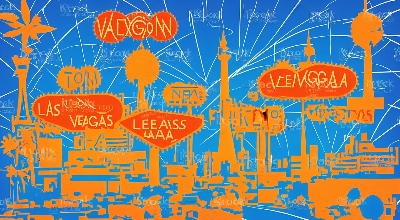 Prompt: axon drawing of las vegas, blue and orange complimentary color scheme, in style vector art style of tom whalen