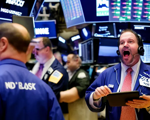 Prompt: Bears screaming on the floor of the NYSE as the markets rally to all-time highs