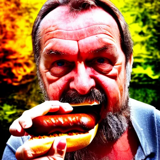 Prompt: slavoj zizec eating a hot dog, hdr, close - up, cinematic