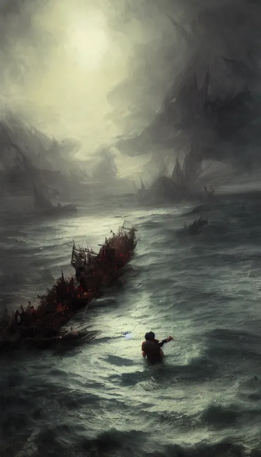 Prompt: man on boat crossing a body of water in hell with creatures in the water, sea of souls, by ruan jia