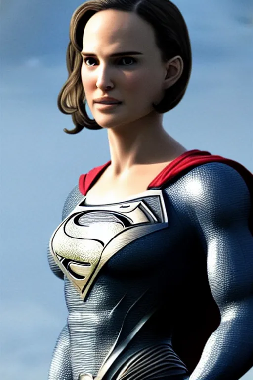 Prompt: a close up of Man of Steel flying cast as Natalie Portman by Greg Rutkowski, full body shot