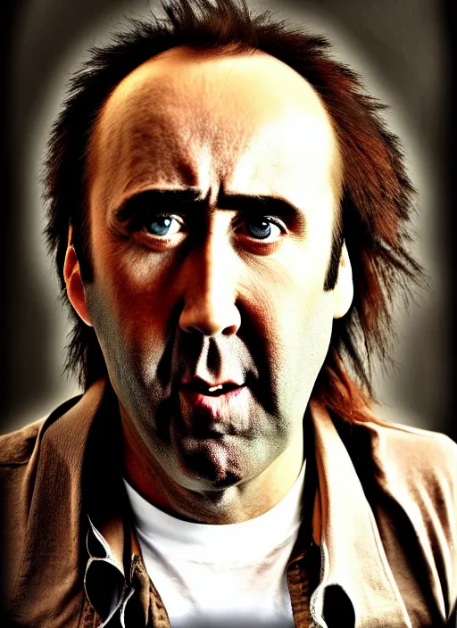 Image similar to Homeless portrait Nicolas Cage in scrappy clothing, HD, award winning photograph