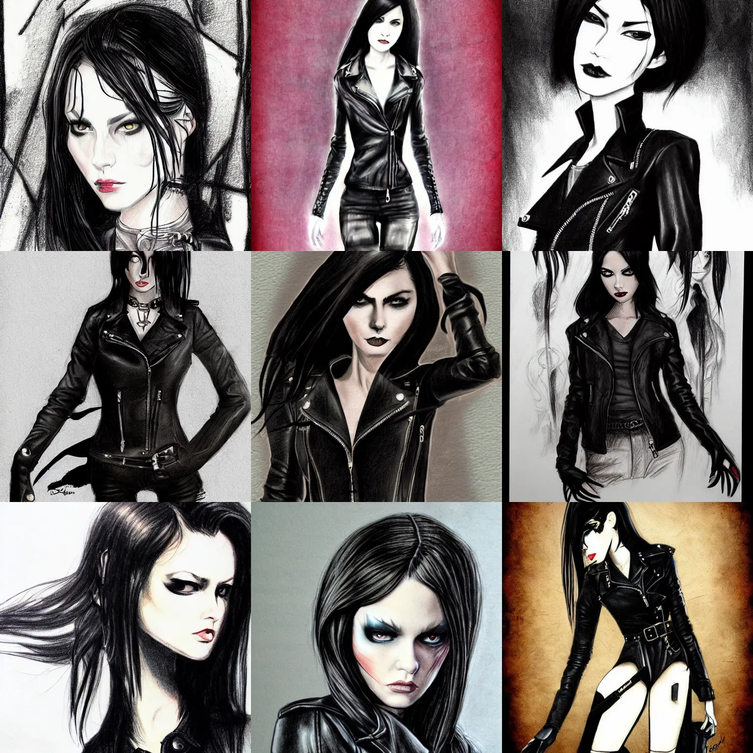 Prompt: a drawing of a young woman in a black leather jacket, a character portrait by Dustin Nguyen, featured on deviantart, gothic art, goth, daz3d, gothic