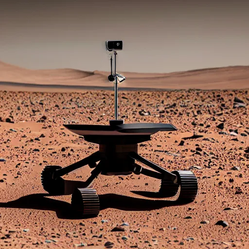 Prompt: zaha hadid, mars rover style peaceful mobile biomimetic rugged anemometer station sensor antenna on all terrain tank wheels, for monitoring the australian desert, XF IQ4, 150MP, 50mm, F1.4, ISO 200, 1/160s, dawn, golden ratio, rule of thirds