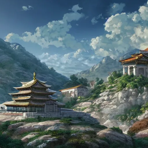 Image similar to concept art painting of a marble temple on top of a mountain, with greek and japanese architecture, overlooking a valley with a village below, realistic, detailed, cel shaded, in the style of makoto shinkai and greg rutkowski and albert bierstadt and james gurney