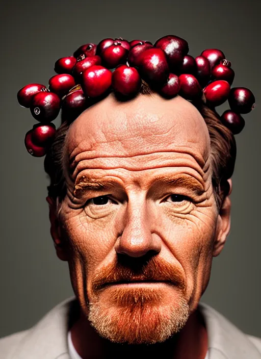 Prompt: portrait of bryan cranston face with cranberries on his head, cranberry statue, studio light, bloom, detailed face, magazine, press, photo, steve mccurry, david lazar, canon, nikon, focus