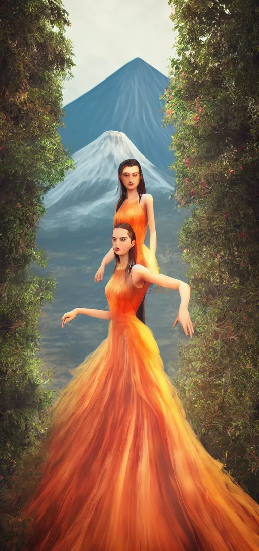 Image similar to a beautiful hyperrealistic ultradetailed 3D render girl in a magnificent dress stands near a volcano, voge photo, fashion style, Annie Leibovitz photostyle, octane render, 3D, brilliantly colored, intricate, wide angle, volumetric lighting, polished, path tracing