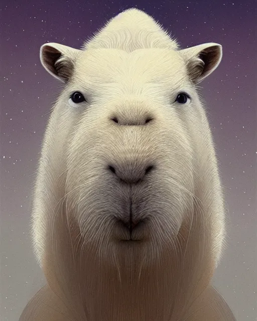 Image similar to complete and delicate portrait of a white capybara, beautiful, agile, fairy, myth, legend, detailed, trending on artstatioin, light effects, kilian eng, john harris, bastien lecouffe - deharme