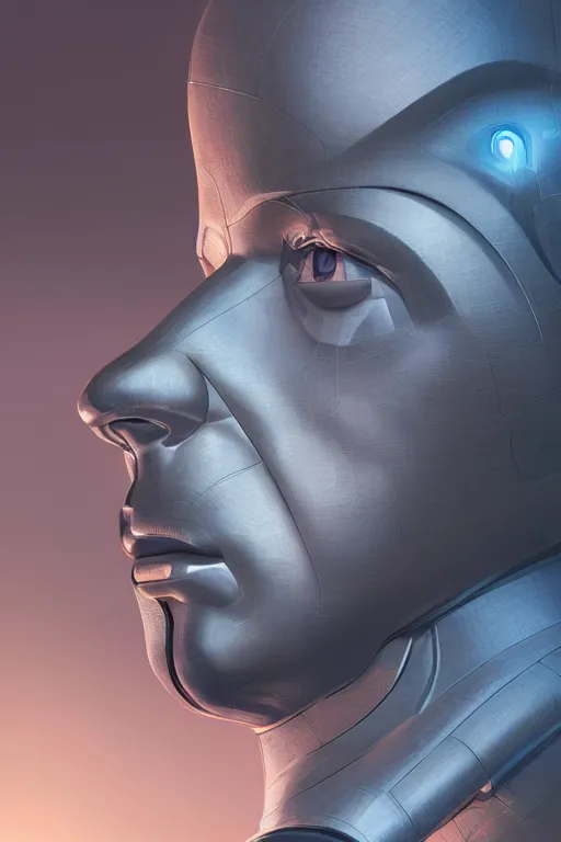 Image similar to the thinker as an i robot, close - up portrait, intricate, elegant, volumetric lighting, scenery, digital painting, highly detailed, artstation, sharp focus, illustration, concept art, luis rollo, ruan jia, steve mccurry, john berkey