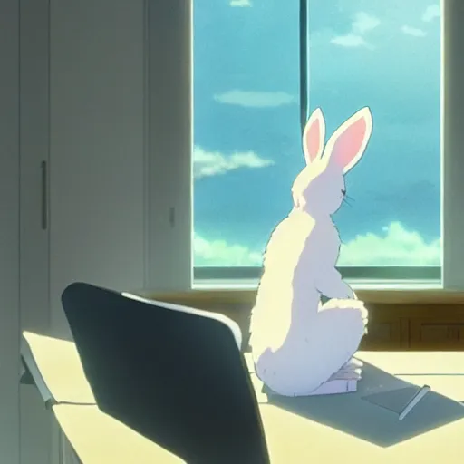 Prompt: A white bunny rabbit sitting at a desk, Makoto Shinkai