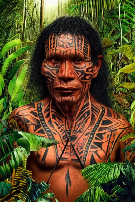 Prompt: an indigenous ecuadorian huaorani tatoo man with a vr headset in the jungle, poster art by daniele caruso, benediktus budi, jason edmiston, vc johnson, powell peralta, volumetric light, foggy ambience