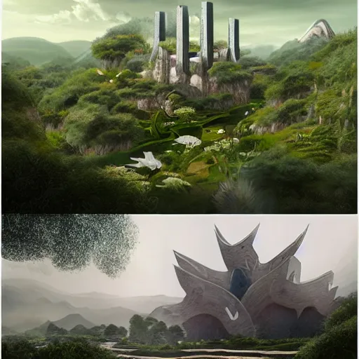 Prompt: Brutalist futuristic Japanese castle, valley of Eden at Dawn, amazing cinematic concept painting, by Jessica Rossier , Gleaming White, overlooking a valley, Himeji Rivendell Garden of Eden, wildflowers and grasses, terraced orchards and ponds, lush fertile fecund, fruit trees, birds in flight, animals wildlife, brian froud, Beksinski, HR Giger