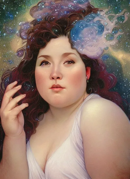 Prompt: a chubby woman with pointed ears, wearing a white sundress, and a swirling sparkling cloud galaxy nebula for hair, realistic painting by ross tran and gerald brom and alphonse mucha, artgerm, trending on artstation