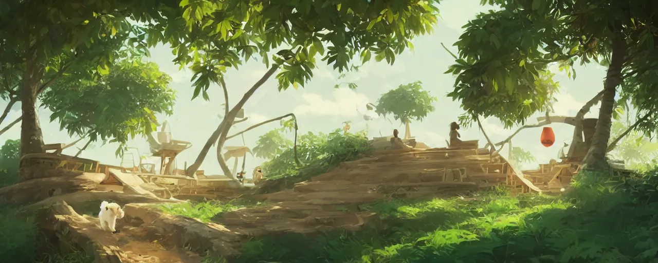 Prompt: a cream - colored havanese dog building a giant tree house next to a tropical beach, atey ghailan, goro fujita, studio ghibli, rim light, exquisite lighting, clear focus, very coherent,