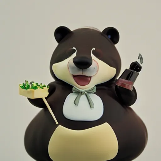 Prompt: pvc figurine of a fat badger chef holding a cake