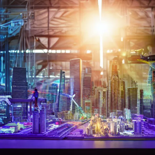 Image similar to large group people in open warehouse, looking at hologram of futuristic city on a table, cinematic still 1 2 0 mm, godrays, golden hour, natural sunlight, 4 k, clear details, tabletop model buildings, tabletop model, hologram center, crane shot, crane shot, crane shot