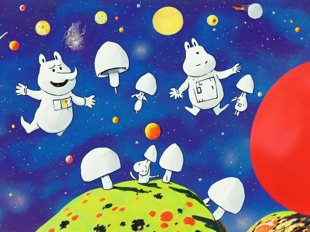 Image similar to moomins in space suits flying around with jetpacks discovering the mushroom planet, photorealistic painting, cgi, low light