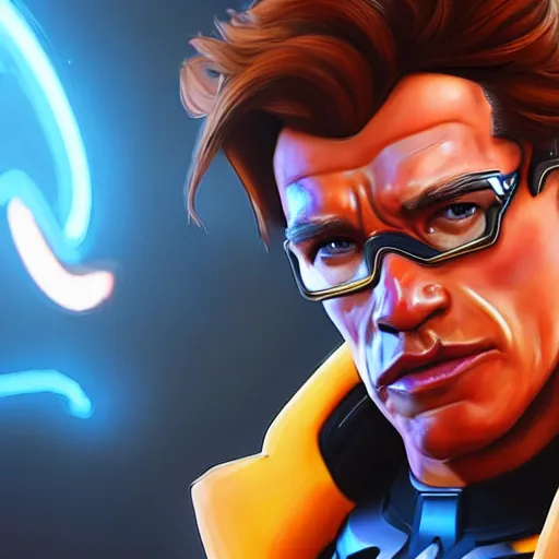 Image similar to a screenshot of arnold schwarzenegger as tracer in overwatch, portrait, fantasy, beautiful face, vivid colors, elegant, concept art, sharp focus, digital art, hyper - realistic, 4 k, unreal engine, highly detailed, hd, dramatic lighting by brom, trending on artstation