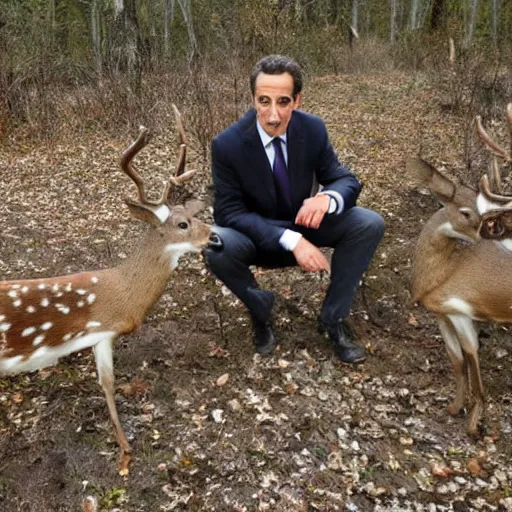 Image similar to trail cam footage of Nicolas Sarkozy sat on a deer