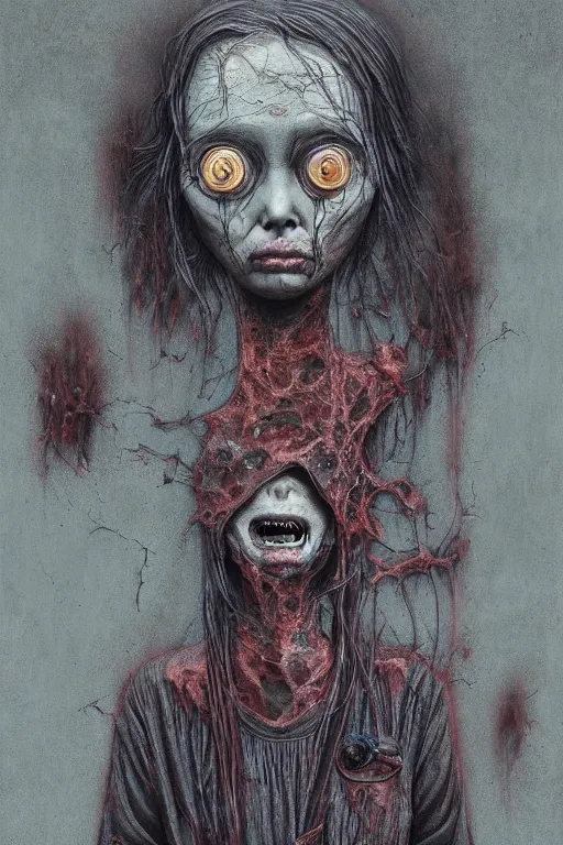 Image similar to surrealism crayon cartoon grunge of a creepy horror nurse girl . intricate artwork. nightmare fuel. terrifying. by zdzisław Beksiński, wlop, dan mumford , trending on artstation, greg rutkowski very coherent symmetrical artwork. cinematic, hyper realism, high detail, octane render, 8k