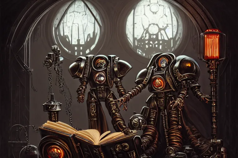 Prompt: Mechanicus Tech-Priest reading an old book, fantasy, sci-fi, Warhammer 40k, intricate, elegant, dramatic lighting, highly detailed, lifelike, photorealistic, digital painting, artstation, concept art, smooth, sharp focus, illustration, art by John Blanche and Paul Dainton and Albert Aublet and Artem Demura and Alphonse Mucha