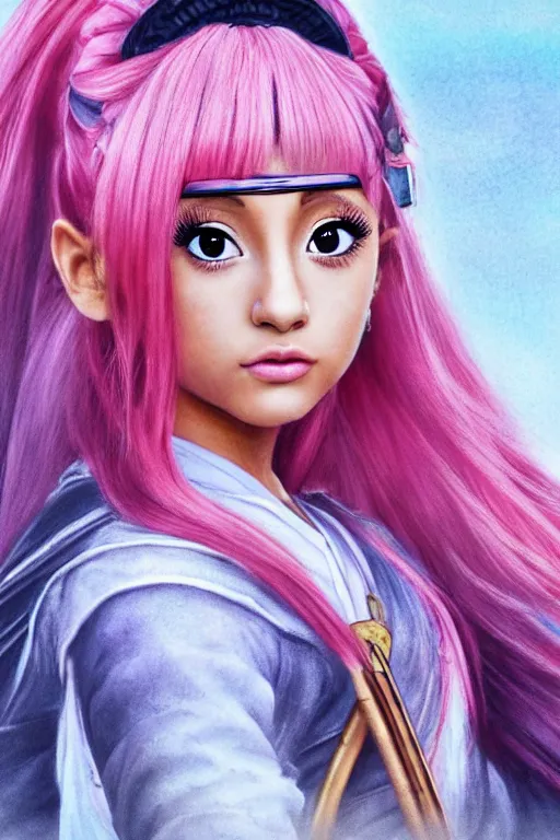 Image similar to highly detailed beautiful photo of a ariana grande as a young female samurai, practising sword stances, symmetrical face, beautiful eyes, pink hair, realistic anime art style, 8 k, award winning photo, pastels colours, action photography, 1 / 1 2 5 shutter speed, sunrise lighting