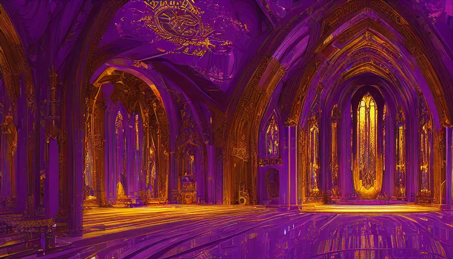 Image similar to Interior of a golden and purple church, hyperdetailed, artstation, cgsociety, 8k