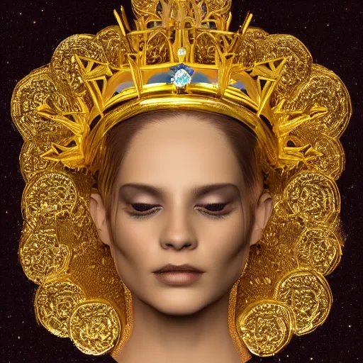 Image similar to a beautiful symmetrical face wearing a crown made of golden ornaments and gems by alex gray and android jones, 3D, 8k resolution