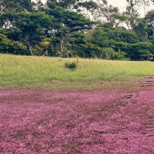 Prompt: a 9 year old boy looks lost and worried. he's sitting near an ant hill. the ground is covered in thick green grass. far away, on left side of the image, stands 3 - 4 trees with pink leaves / flowers.